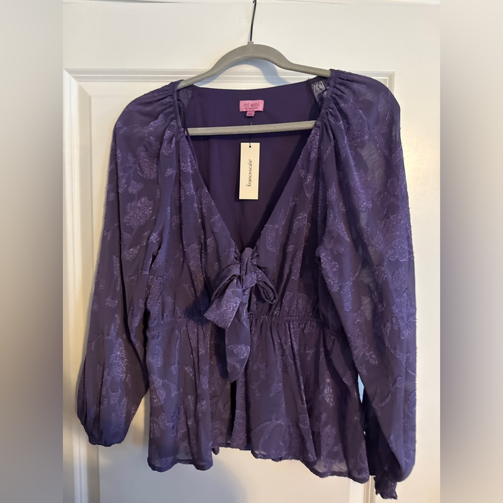 NWT Mi ami by Francesca’s Purple Sheer Tie-Front Blouse